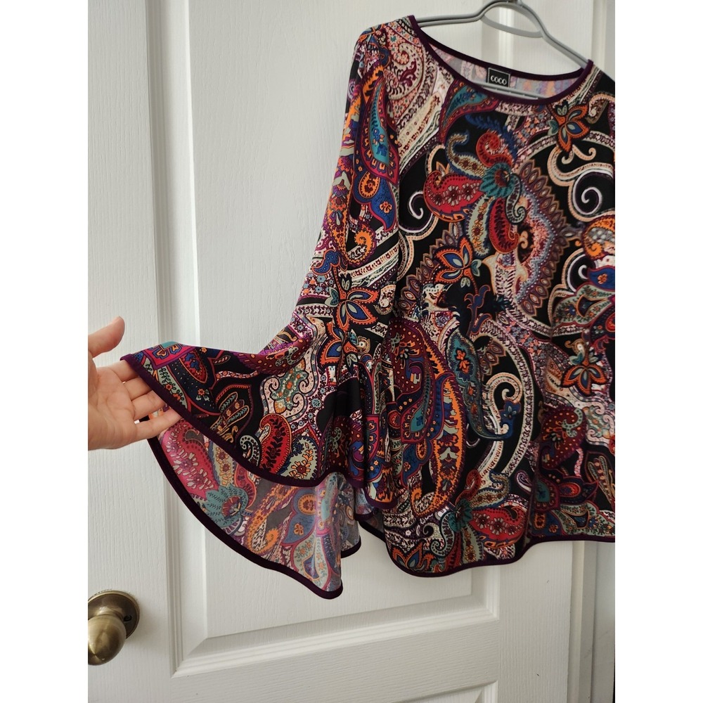 Coco Bianco Vintage Black Floral Paisley Round Neck Bell Long Sleeve Top Size M - Picture 4 of 9